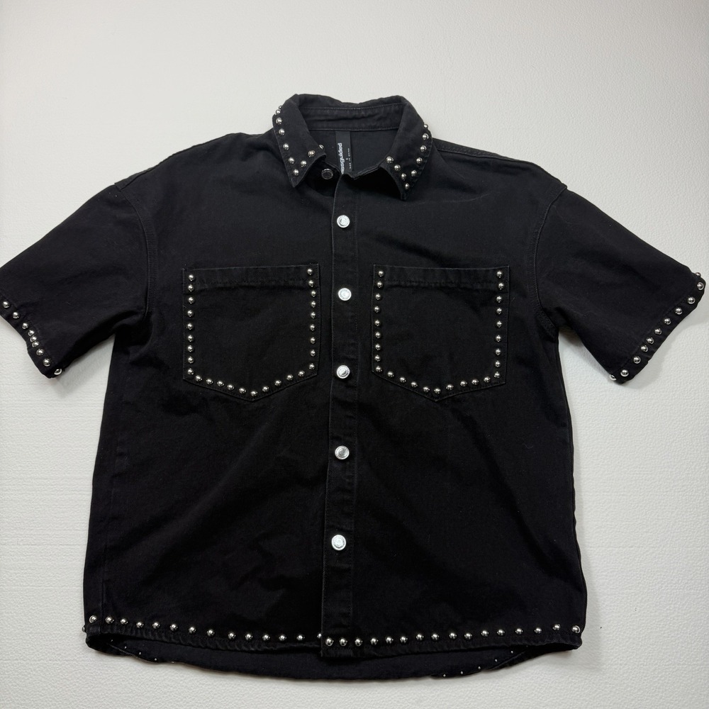 Missguided Black Denim Shirt Oversized Studded Short Sleeve Button Up PRISTINE